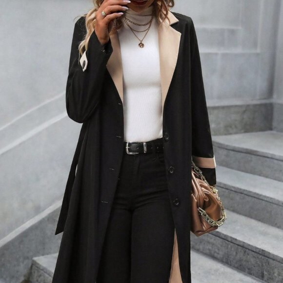 Black Casual Womens Two Tone Lapel Collar Belted Trench Coat - Picture 5 of 5